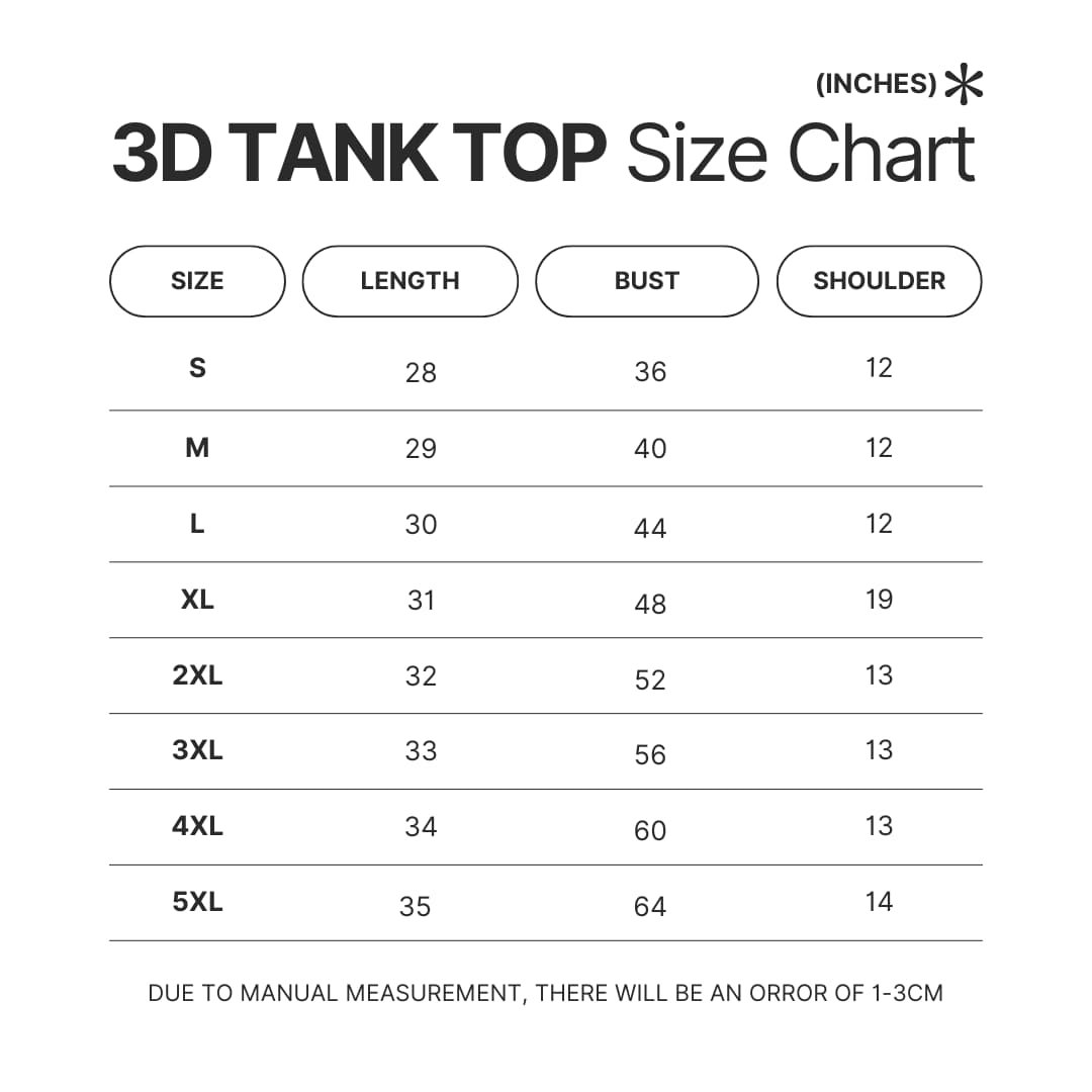 3D Tank Top Size Chart - Naruto Merch Shop
