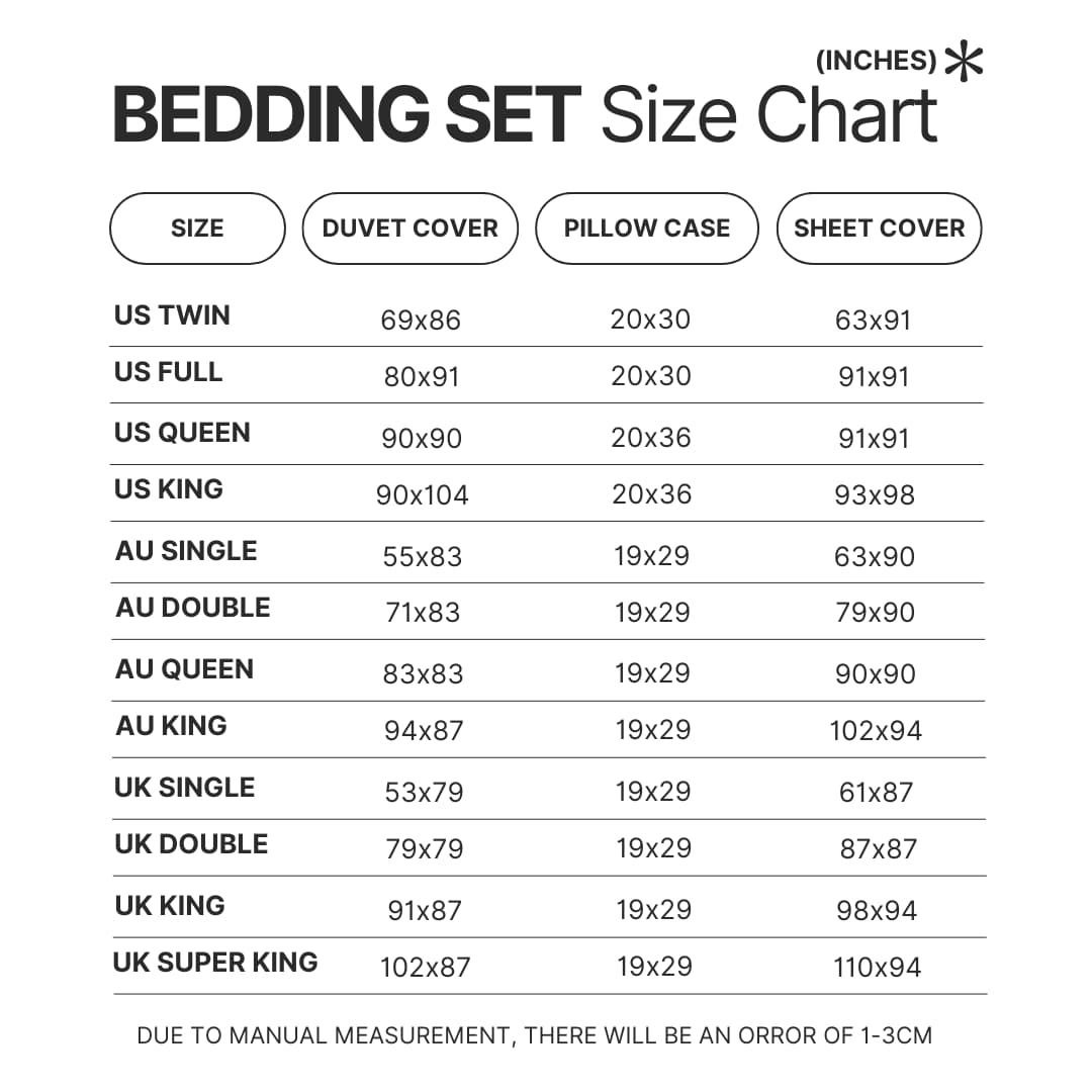 Bedding Set Size Chart - Bleach Merchandise