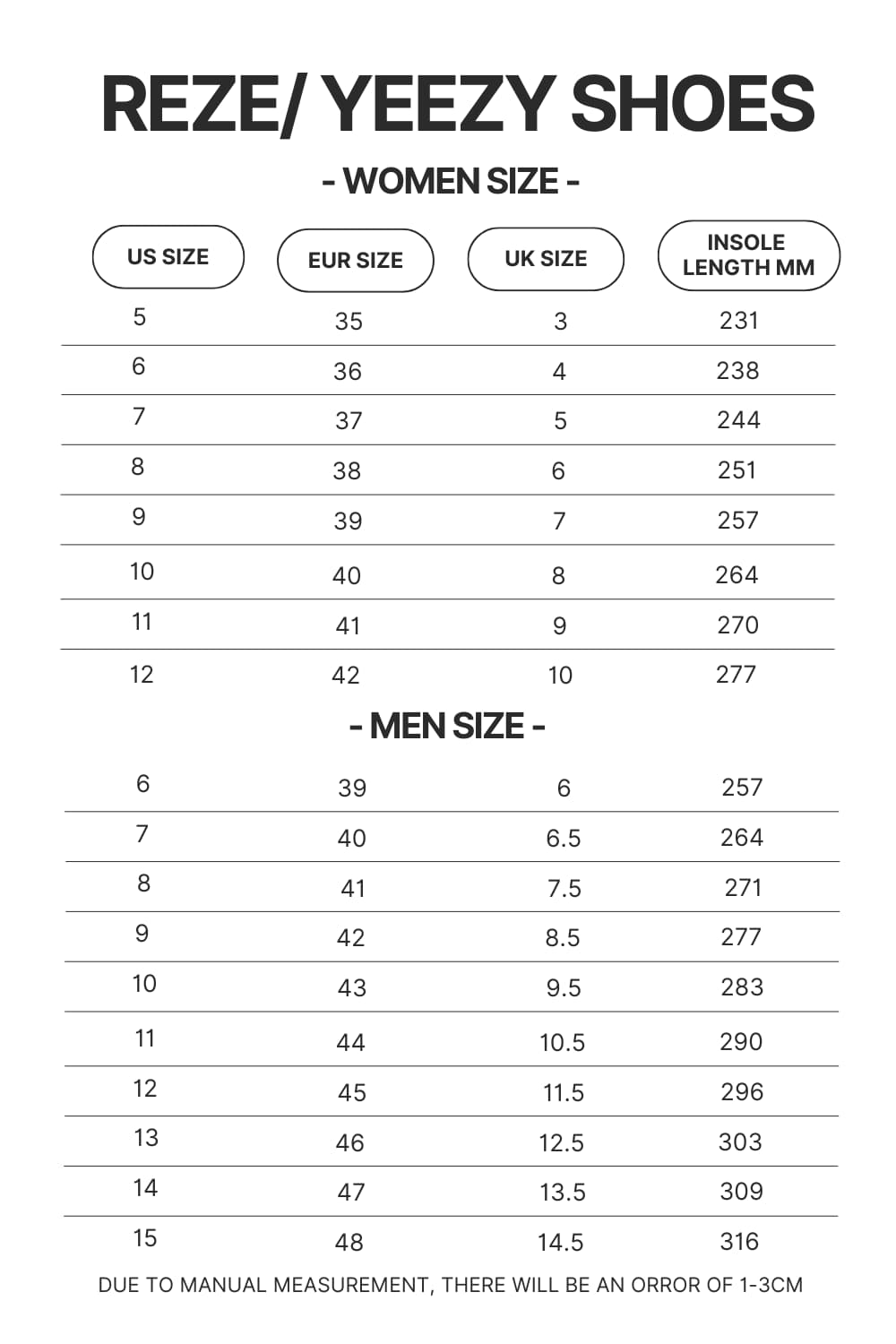 Reze Yeezy Shoes Size Chart - Bleach Merchandise Store